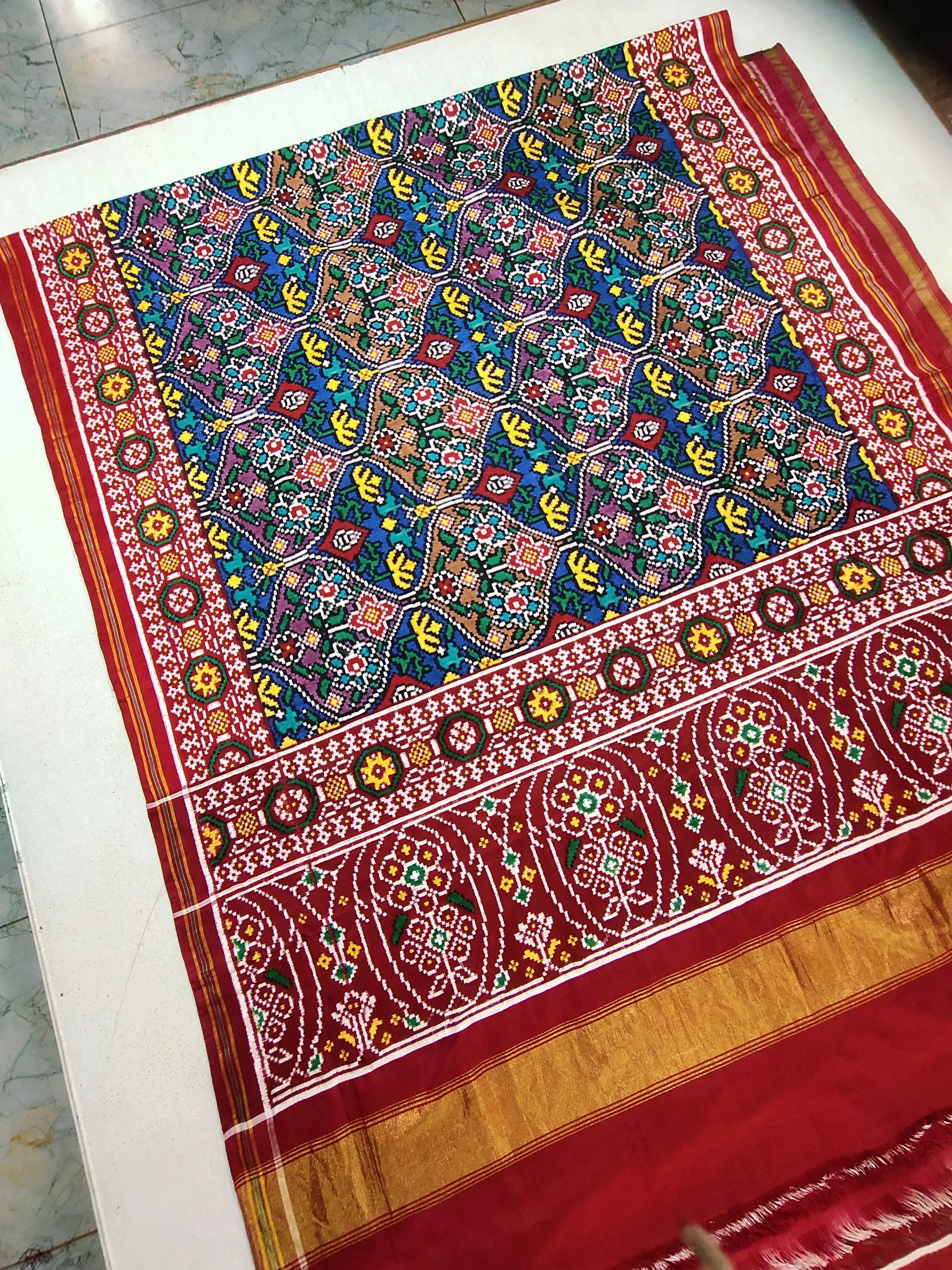 Double Ikat Patola Saree – Mataku Multi Red | Rudraksh Border