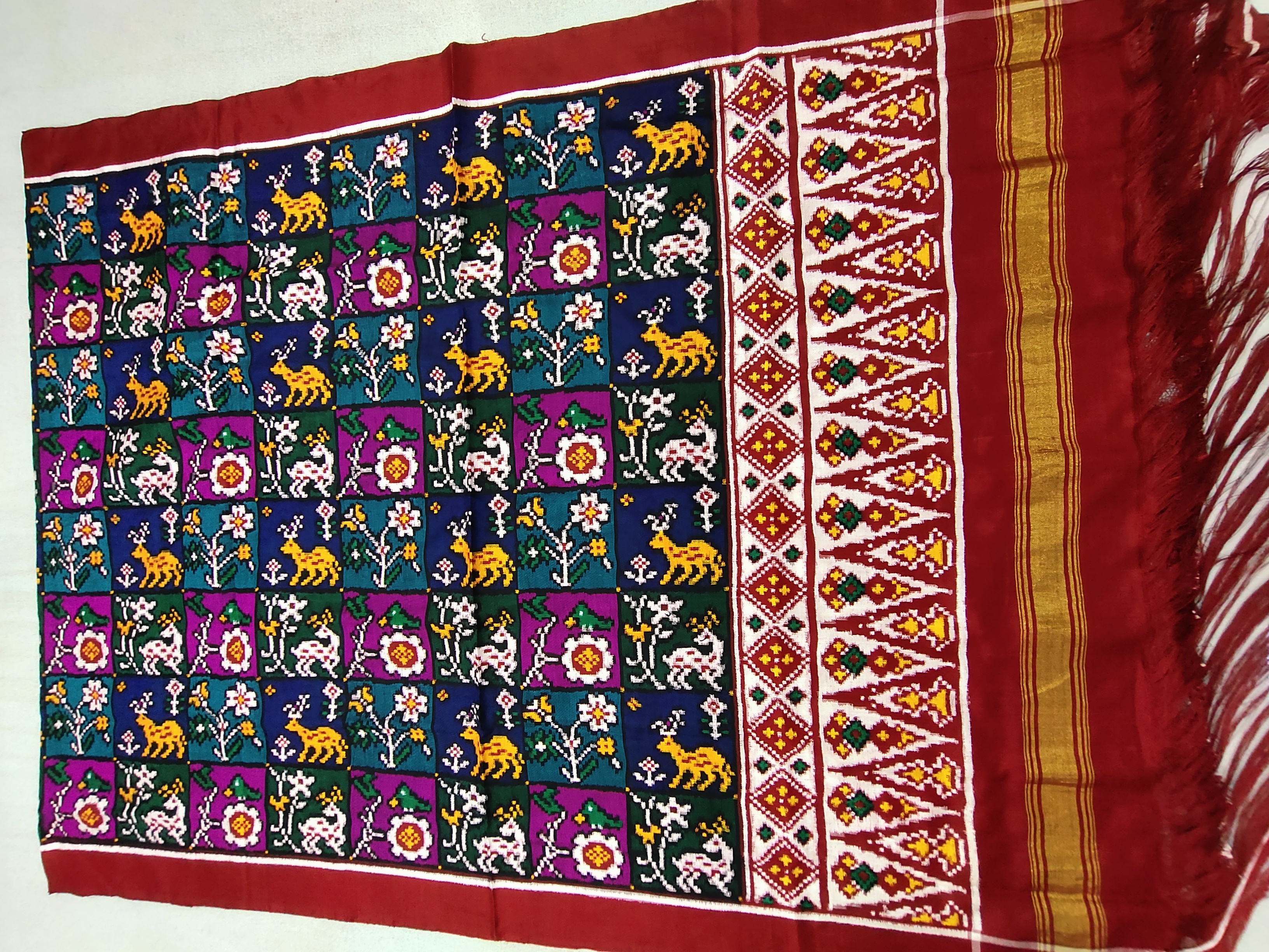 Multi Double ikat Duppta with Temple Pallu
